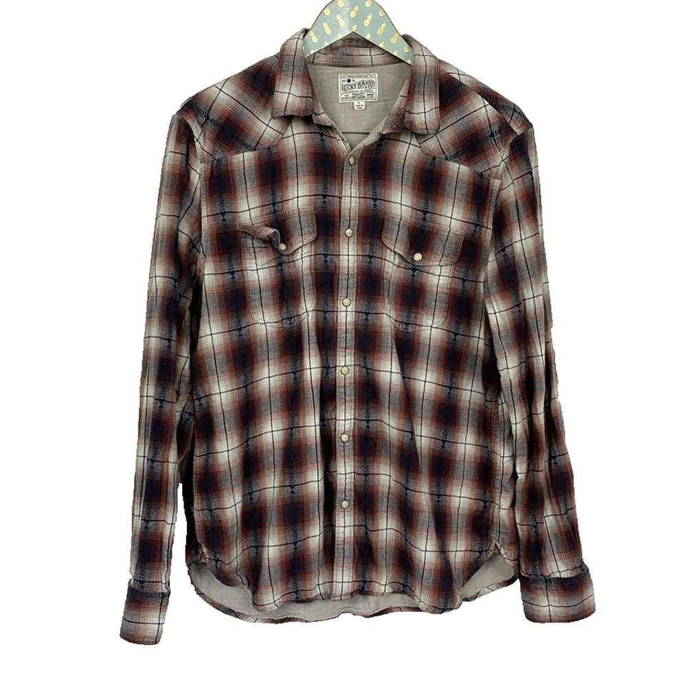 Lucky Brand Pearl‎ Snap Western Shirt Mens Large Red Black Plaid Soft Pockets